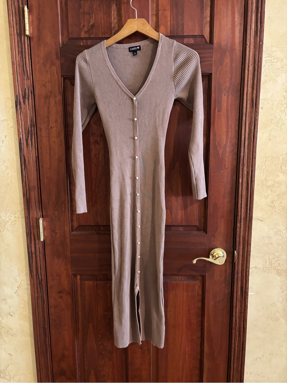 Justify Taupe Ribbed Button-Front Long Sleeve Midi Dress
